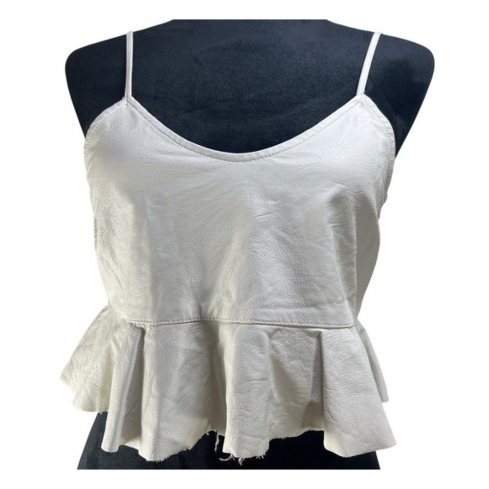 ZARA moto biker Faux Leather Peplum Camisole Top Off White‎ Cream V-Neck M